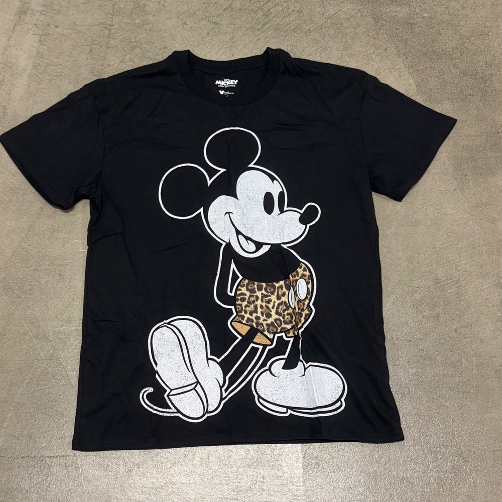 Disney Mickey Mouse Leopard Print Shorts Graphic T-Shirt Black Large L